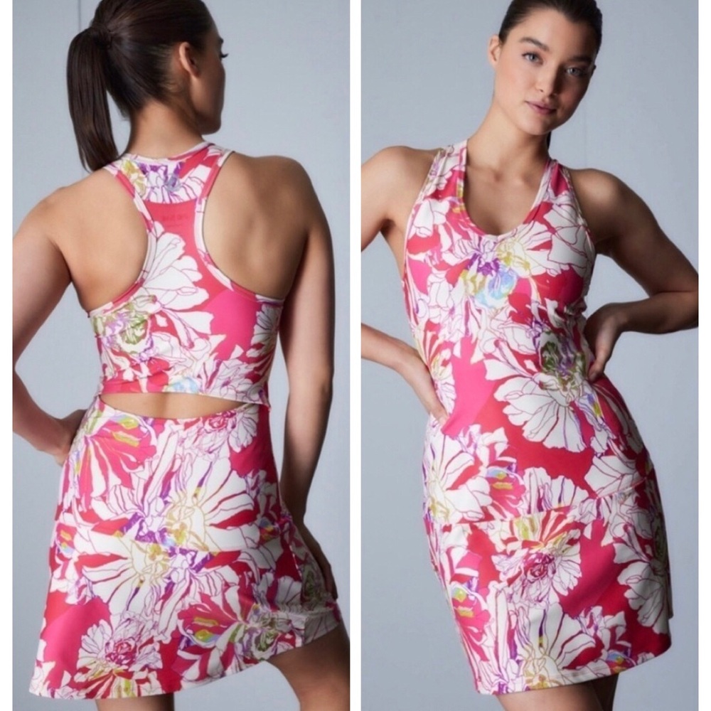 Natori Josie Solstice Floral Poppy Cut Out Athletic Active Red White Dress M